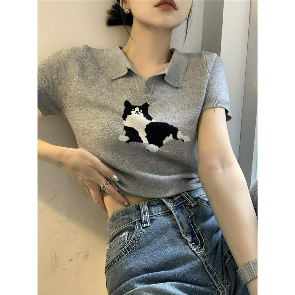 ZHELIHANGFEI Áo len dệt kim phong cách Hàn Quốc POLO cổ mèo jacquard phần mỏng mỏng phù hợp với tất cả các trận in áo đi làm ins