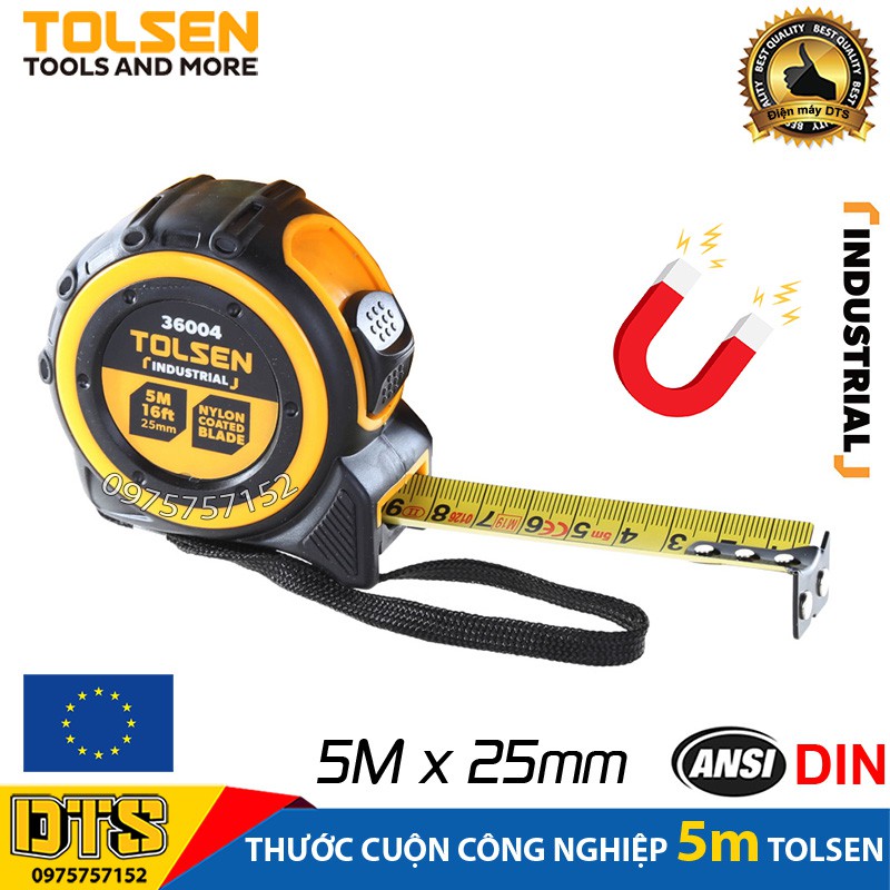 Thước rút, thước cuộn thép công nghiệp TOLSEN 5m tích hợp nam châm, vỏ bọc cao su cao cấp chống sốc - Tiêu chuẩn châu Âu