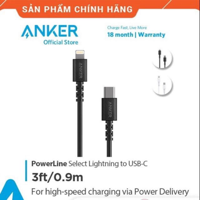 Cab anker powerline select USB-C Lightning 0,9m A8612