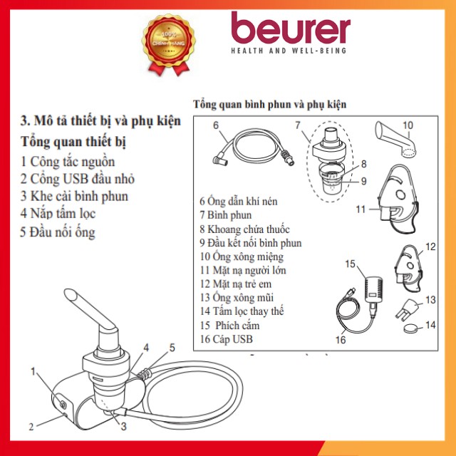 Máy xông mũi họng, máy xông khí dung Beuere IH58, công nghệ khí nén, thiết kế nhỏ gọn tiện dụng vận hành êm ái