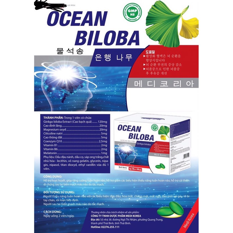 Ocean  biloba hộp 100 viên - hỗ trợ hoạt huyết tăng cường tuần hoàn não ,giảm các biểu hiện thiểu năng tuần hoàn não