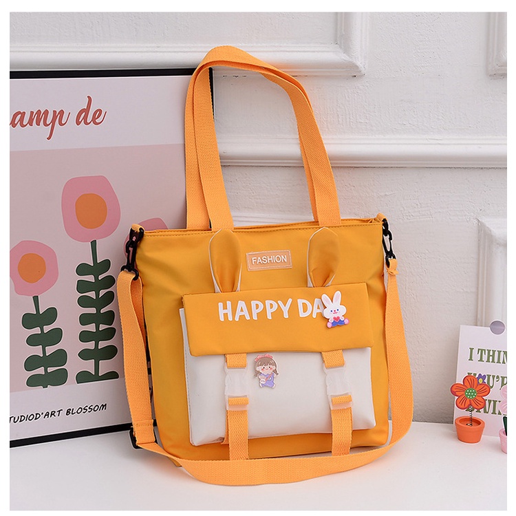 Túi tote đeo chéo đeo vai nữ canvas có khóa kéo phối màu tai thỏ