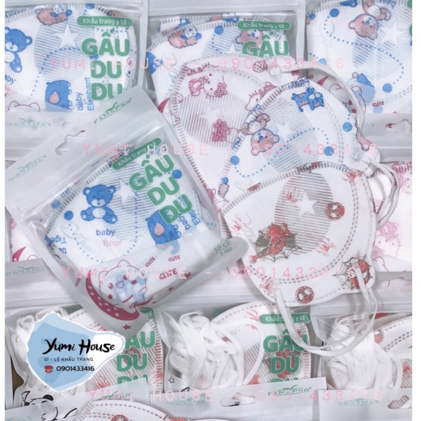 Khẩu trang trẻ em 3D, 5D GẤU DU DU Famapro chính hãng Nam Anh, nhiều họa tiết