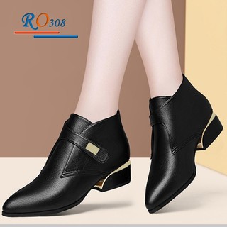 [ẢNH THẬT] Boot thời trang nữ da lì cao cấp ROSATA RO308 4p gót trụ - Đen, Kem - HÀNG VIỆT NAM - BKSTORE