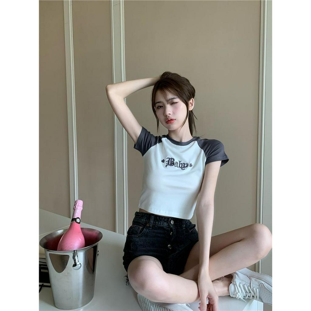 Áo Phông Croptop Raplang Thêu Ngực Baby Body - Áo CRT Ngắn Tay cổ Tròn Viền Ngắn Co Dãn