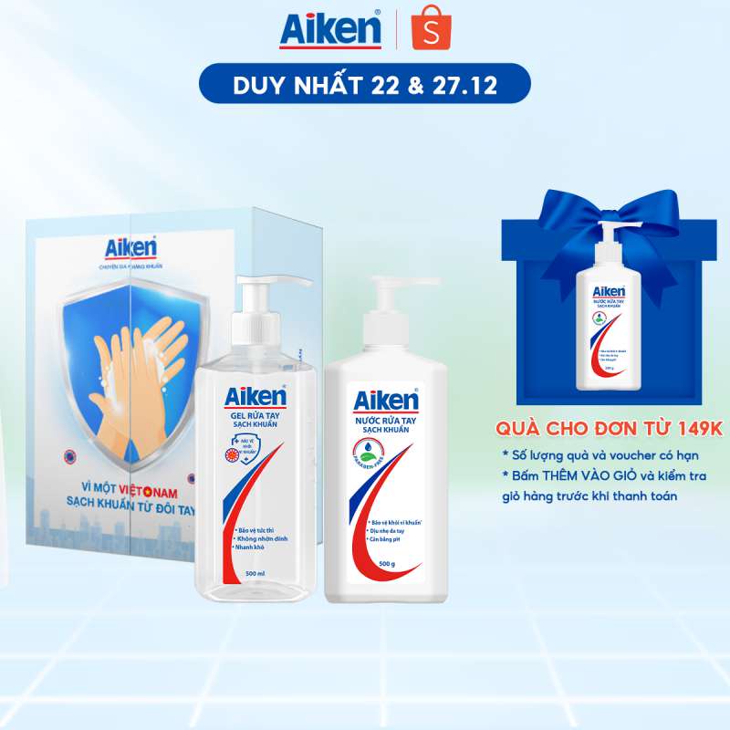 [8/1 SĂN VOUCHER 100K] Hộp quà Aiken sạch khuẩn gồm nước rửa tay 500g và Gel rửa tay 500ml