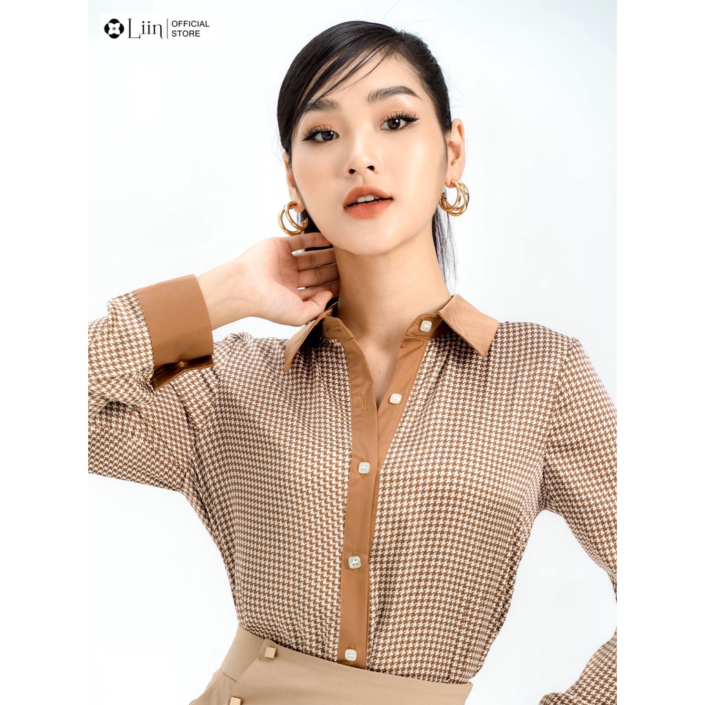 Áo Sơ Mi Linbi họa tiết Răng Sói Nâu ziczac form công sở thanh lịch, hiện đại Liin Clothing SM3255