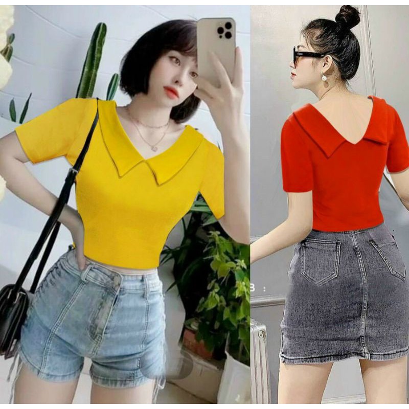 Aó Croptop Kiểu Cổ Tim Vạt Lá Sen Trước Sau Tay Ngắn Phong Cách Hàn Quốc Ôm Body Chất Vải Co Giãn Nhiều Màu Bc6660