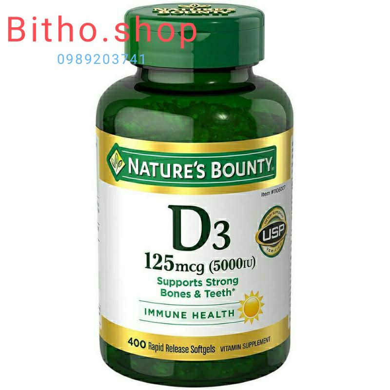 [ Date 2025] Viên Vitamin D3 125mcg giúp hấp thu canxi, suy nhược cơ thể 5000IU Nature's Bounty 400v