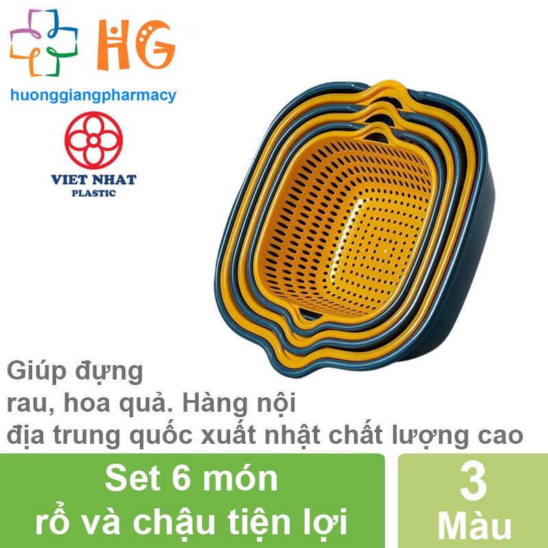 Rổ nhựa chữ nhật đựng đồ kèm chậu Set 6 món rổ và chậu tiện lợi đựng rau ăn lẩu hoa qua