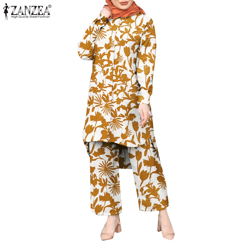 Bộ áo tay dài in hoa + quần dài ống rộng lưng thun ZANZEA phong cách Hồi Giáo thời trang dành cho nữ