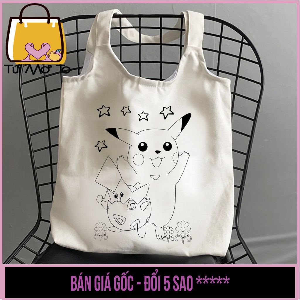 Túi tote túi vải túi canvas quai tròn có khóa kéo in hình đơn sắc dễ thương cho bé tô màu - Túi Mơ To store