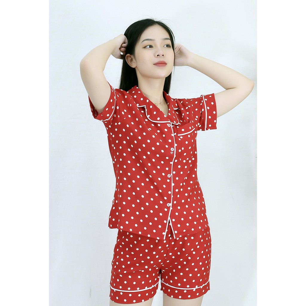 [HÌNH THẬT 100%] Bộ đồ bộ ngắn ĐỎ CHẤM BI TRẮNG - vải lụa cotton cao cấp - Cực Kì Sang Chảnh