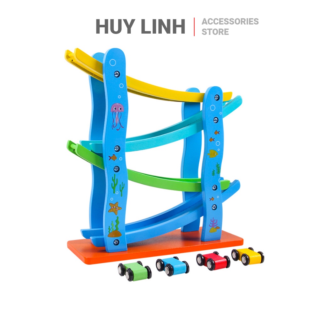 Bộ trò chơi Xe Cầu Trượt Tuột 4 Tầng Bằng Gỗ HL304 - Kèm 4 Xe Gỗ Mini