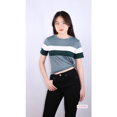 Áo Thun Nữ Form Ngắn Sọc Ngang, Tay ngắn Đơn giản dễ phối đồ
