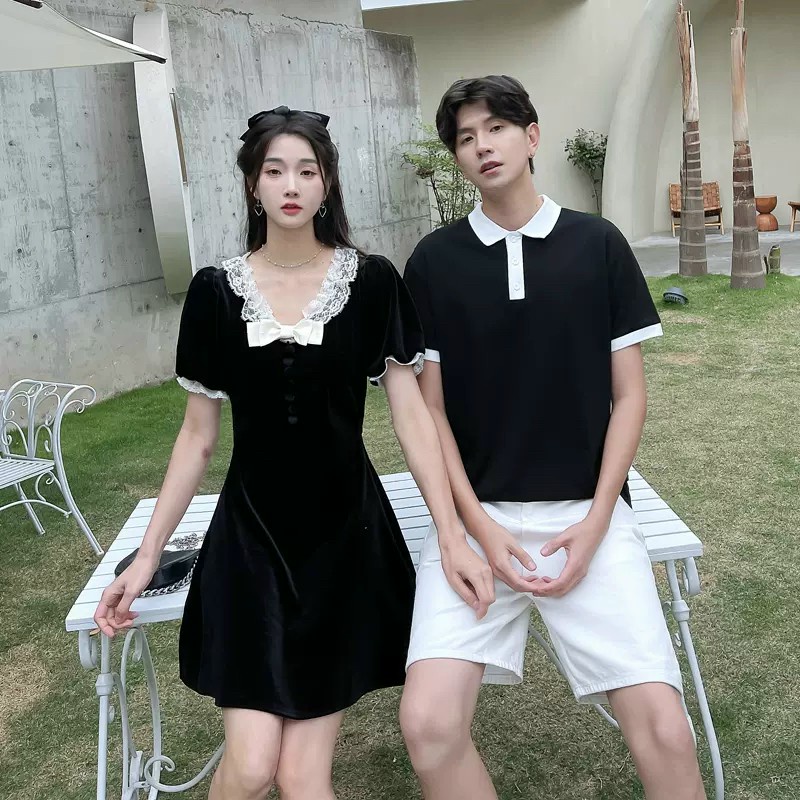 Set đồ đôi nam và nữ áo polo kết hợp váy ôm body phong cách Hàn Quốc