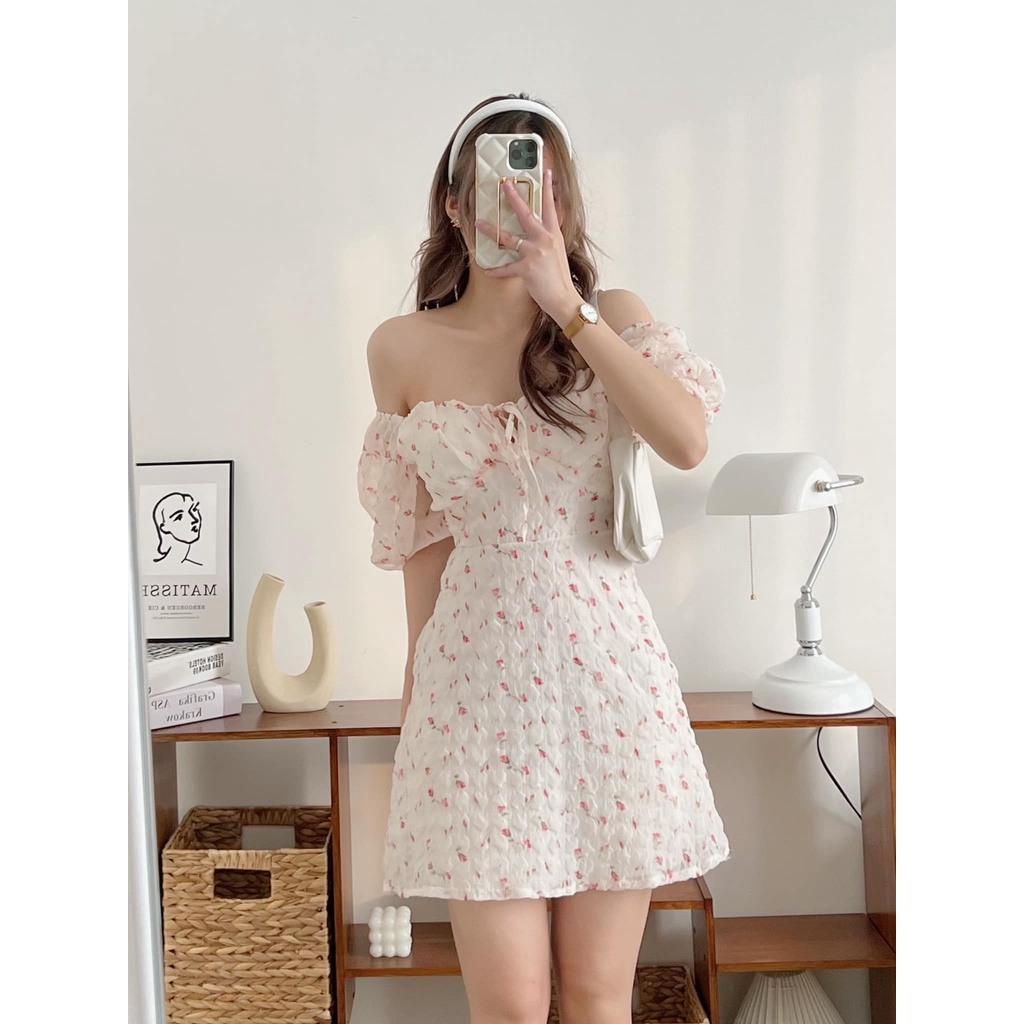 Đầm hoa chiffon hai lớp kèm mút ngực dày dặn, đầm bèo hoa phong cách tiểu thư