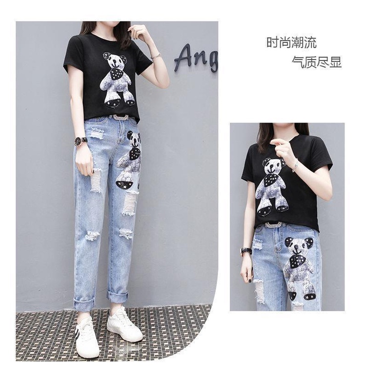 Bộ Áo Thun In Hoạt Hình One Piece + Quần Jean Dài Phối Rách Đính Kim Sa Thời Trang 2022 Cho Nữ