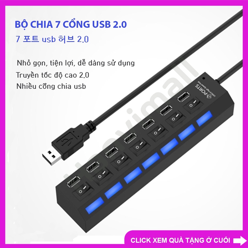 Combo Cáp sạc từ tính chống rối và bộ chuyển đổi USB 7 cổng