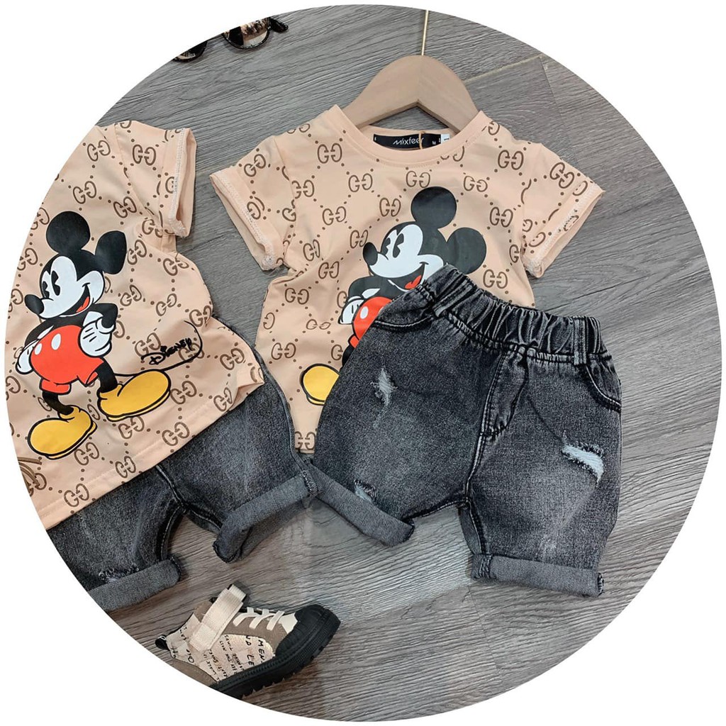 Bộ Bé Gái , đồ bộ bé gái dễ thương với Set Áo Mickey Quần Jean Đen Cho Bé