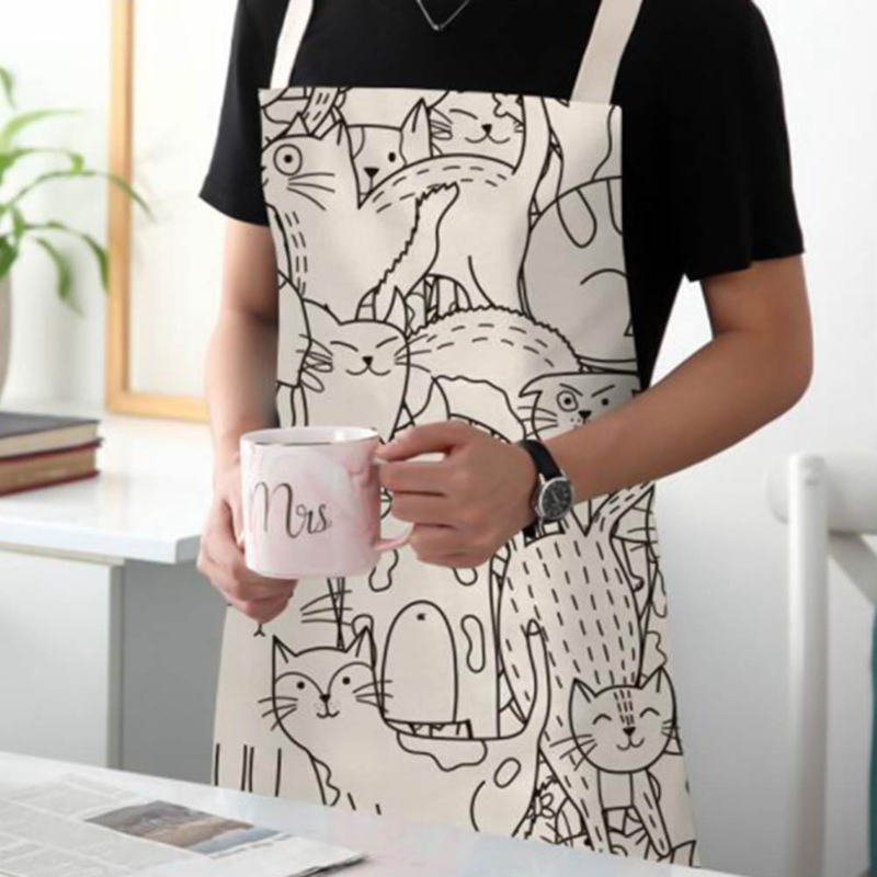 Tạp Dề Vải Cotton Chống Dầu In Hình Mèo Xinh Xắn