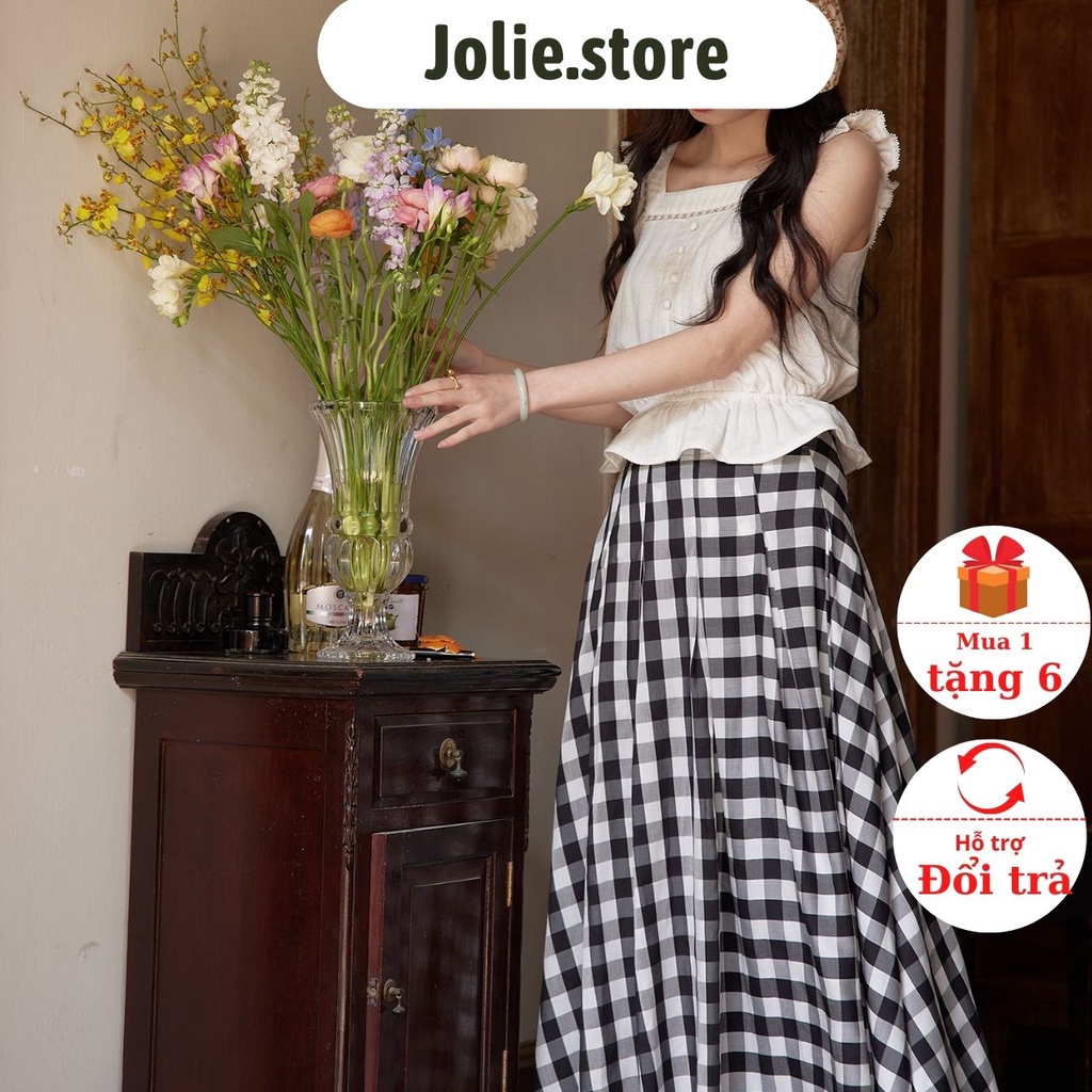 Chân váy dài chất vải thô Quảng Châu dáng suông vintage kẻ ô vuông phong cách Hàn Quốc