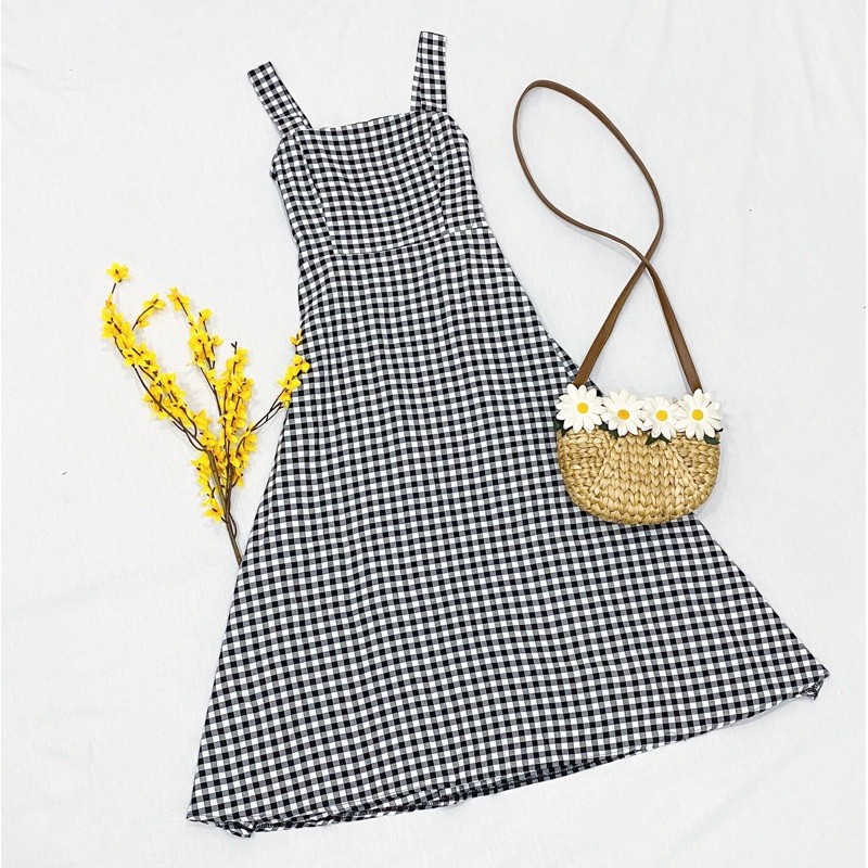 Đầm váy 2 dây maxi caro nhúng thun