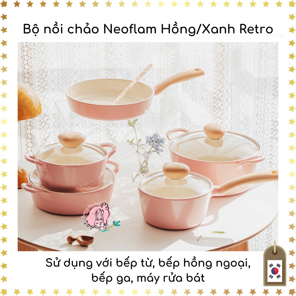 Bộ nồi chảo Neoflam Retro Hàn Quốc không kén bếp, dùng cho bếp từ, bếp ga, máy rửa bát (Shop Bunny Beans)