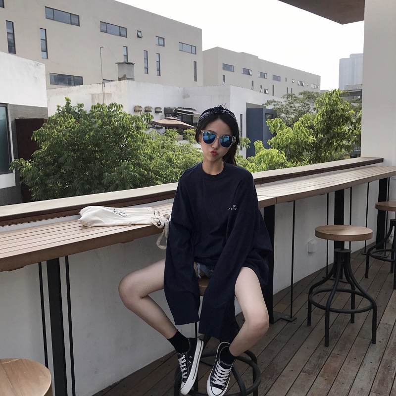 SUXI Áo Thun Nữ Tay Dài Dáng Rộng Có In Chữ Thời Trang Phong Cách Hàn Quốc