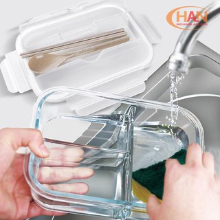 Hộp đựng cơm văn phòng thủy tinh cao cấp có chia ngăn - Túi đựng giữ nhiệt - Bộ muổng đũa