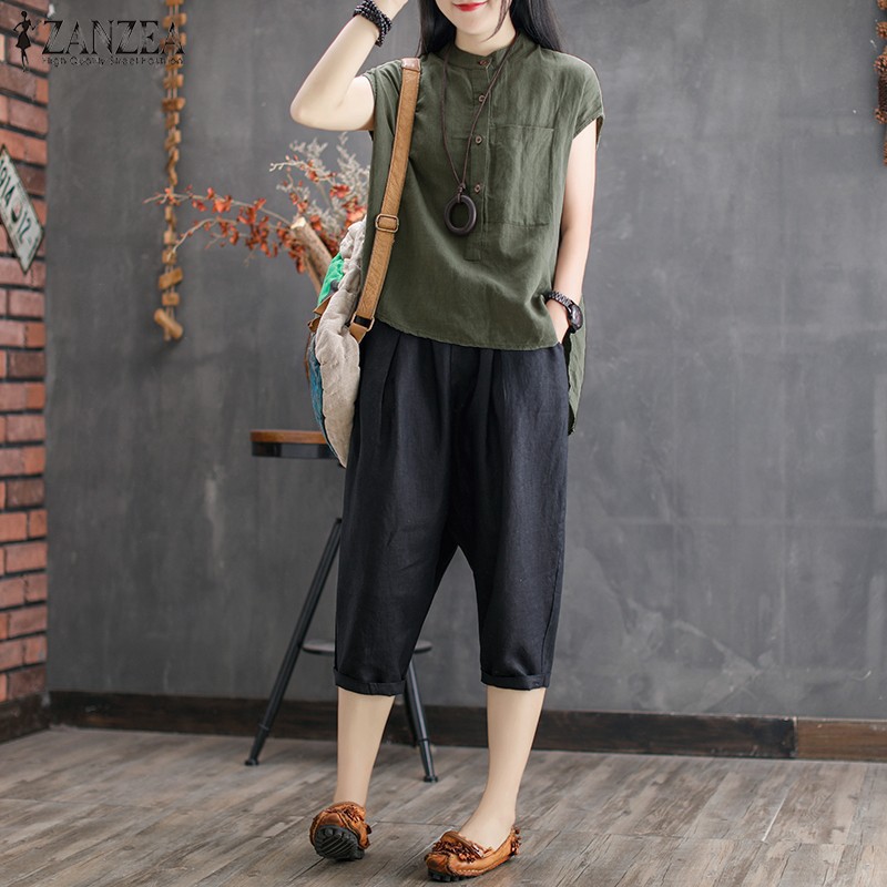 ZANZEA Áo tay ngắn cổ tròn chất liệu cotton thiết kế màu trơn trẻ trung mặc hàng ngày