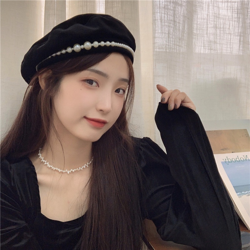 Mũ Beret Nhung Đính Ngọc Trai Thời Trang Thu Đông Hàn Quốc Cho Nữ