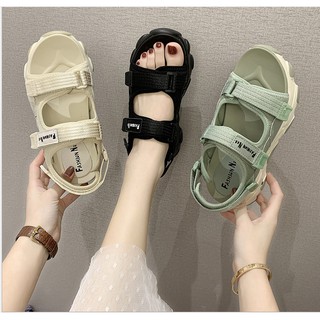 Giày sandal nữ quai dán vải dù 3 màu đế cao 5cm phong cách Ulzzang S118