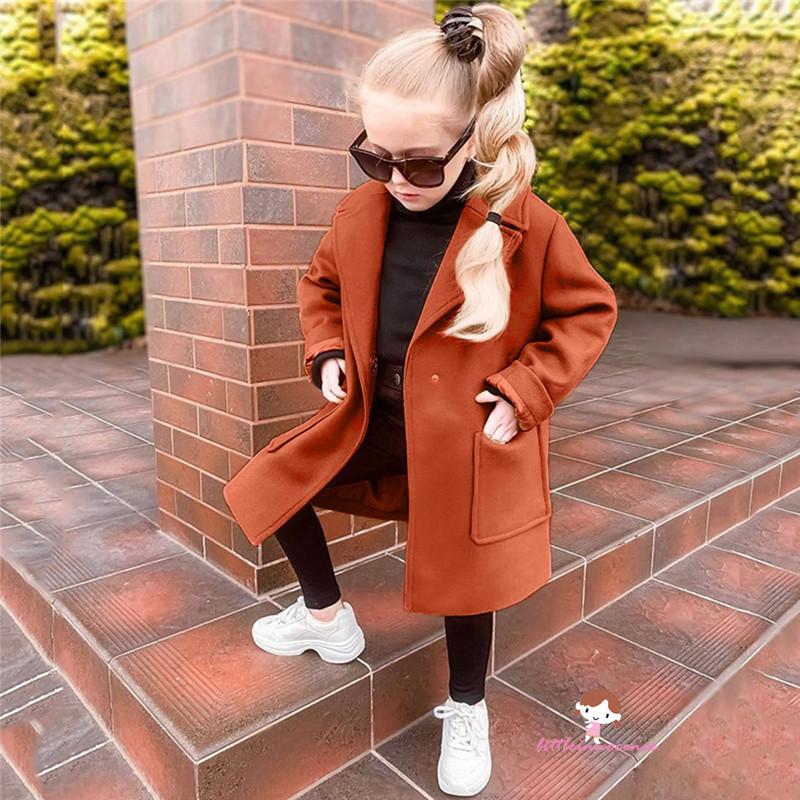 XZQ7-1-5 Years Infant Solid Color Coat, Autumn and Winter Long Sleeve Front Pocket Tailored Collar Cardigan