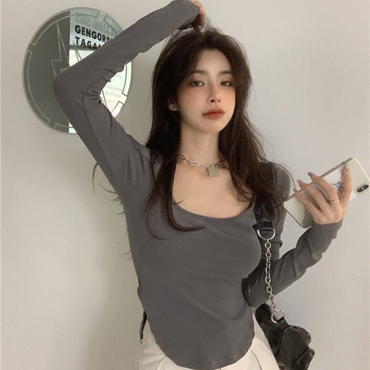 Áo thun tay dài cổ chữ U màu sắc thời trang cho nữ