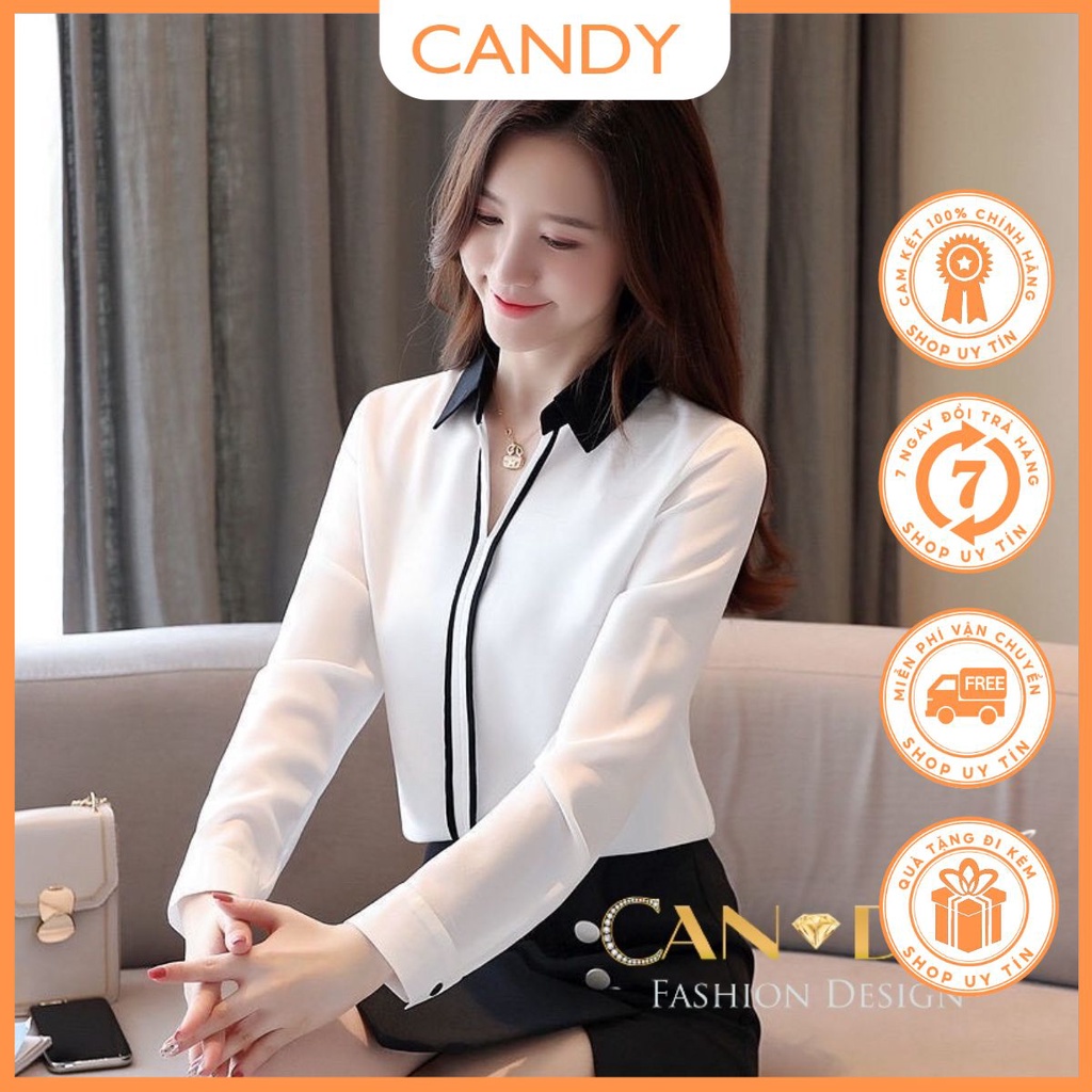 Áo sơ mi nữ kiểu công sở dài tay cổ đức viền đen phong cách hàn quốc SM212 Candy Fashion
