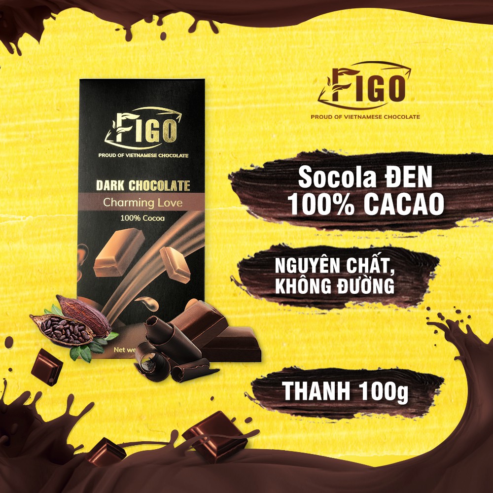 [CHÍNH HÃNG - TẶNG QUÀ 2 HỘP SOCOLA SỮA 50G] Kẹo Socola đen nguyên chất 100% cacao không đường 100g Figo