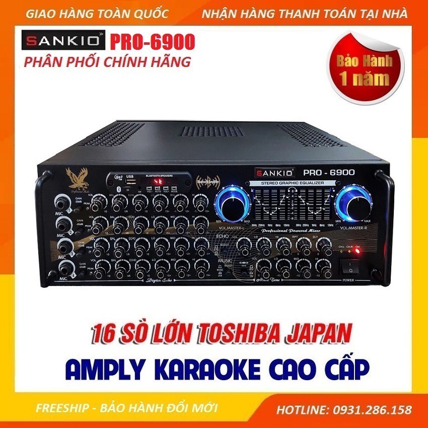 Amply Bluetooth Karaoke SANKIO 6900 - 16 sò lớn Toshiba 1943 &amp; 5200 - 4 tụ nguồn - 2 quạt gió làm mát