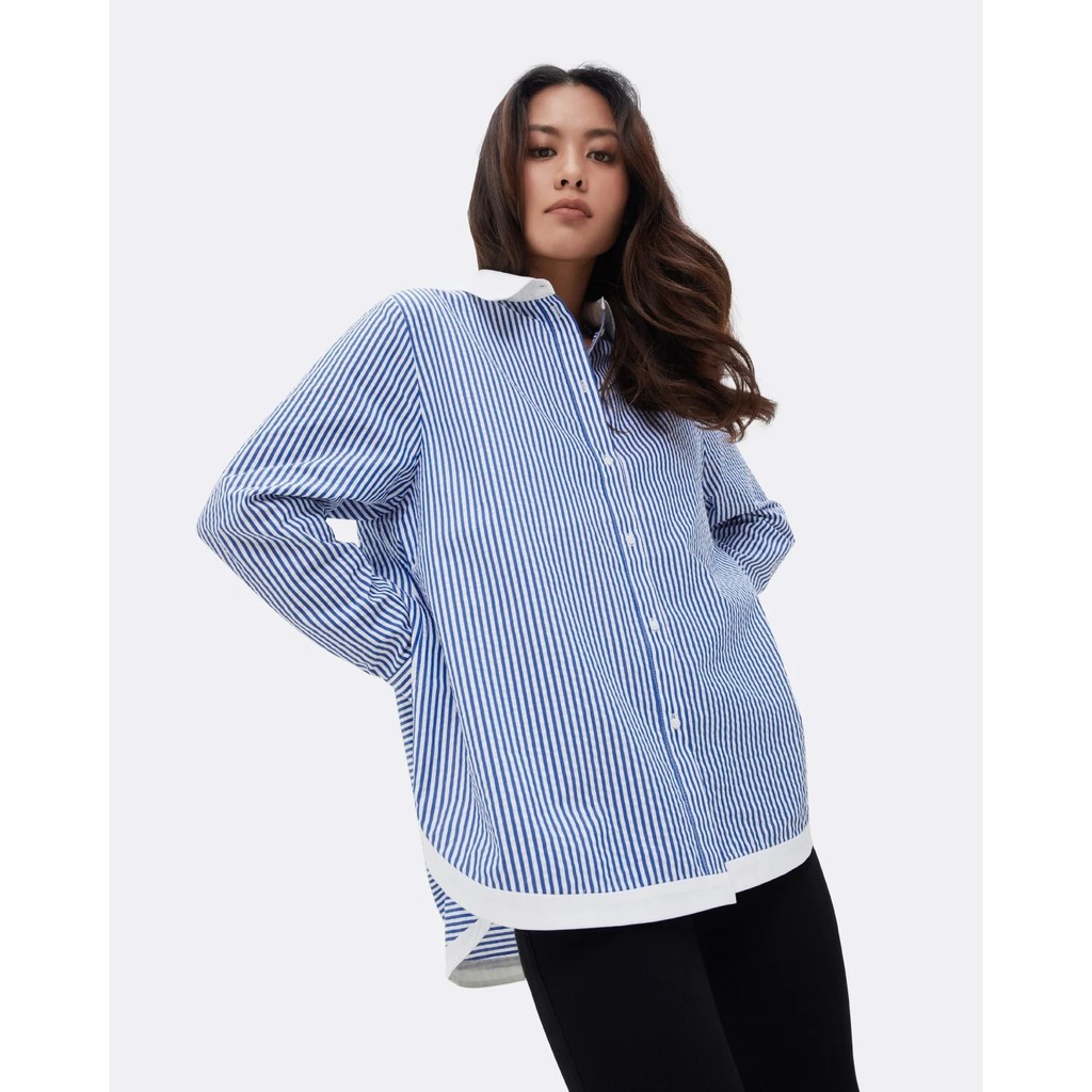 TheBlueTshirt - Modern Arc Oversized Shirt - Áo sơ mi kiểu nữ sọc xanh viền trắng