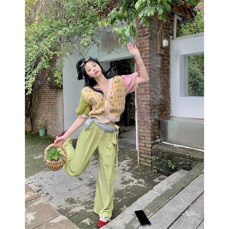 Áo Cardigan Dệt Kim Tay Ngắn Phồng Cổ Chữ V In Hoa Thời Trang Cho Nữ