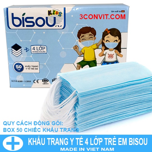 Hộp 50 chiếc khẩu trang y tế 4 lớp trẻ em Bisou