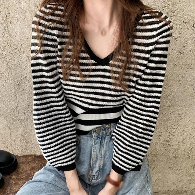 Áo Croptop Dệt Kim Tay Dài Cổ Chữ V Phong Cách Hàn Quốc