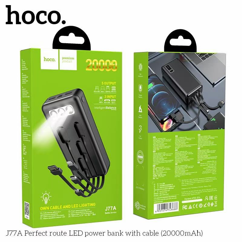 Pin sạc dự phòng đa năng Hoco J77A (20000mAh) đèn LED hiển thị, kèm cáp liền Ligntning/Micro/Type-C - Chính hãng