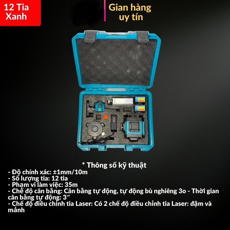 Máy Bắn Tia Laze, Máy Cân bằng 12 Tia Xanh HABCO - Cân Bằng Tự Động - 2 Pin Sạc - Tặng Kèm Chân Trụ 1m2