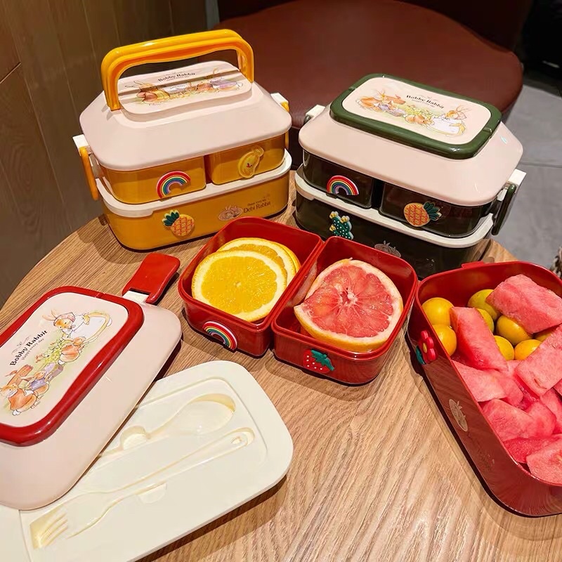 Hộp cơm giữ nhiệt lúa mạch 2 tầng-hộp cơ văn phòng tiện lợi có thể hâm nóng bằng lò vi sóng