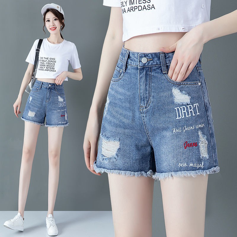 Quần jean✢Ripped quần short denim nữ kiểu mới hàn quốc ống rộng cạp cao rãi size lớn thêu thô cạnh hot