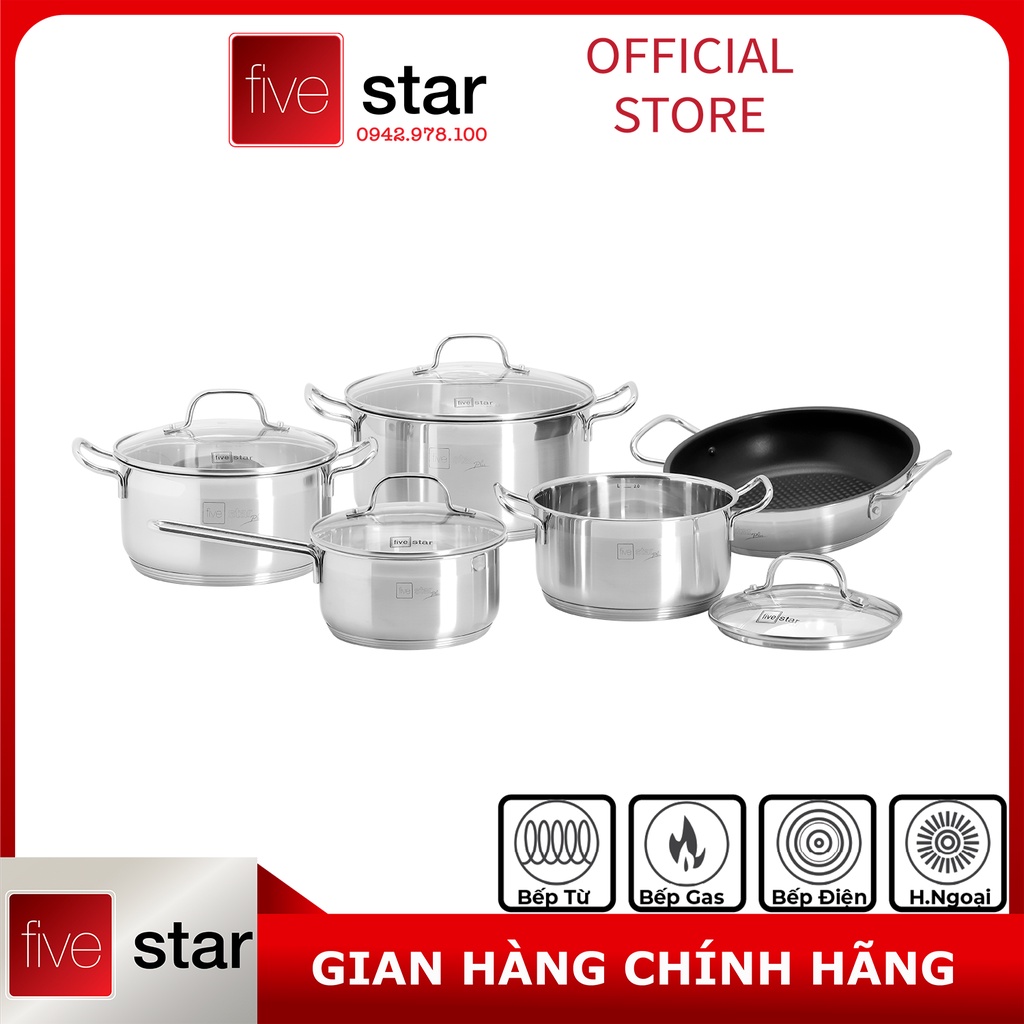 Bộ Nồi 5 Đáy Inox 304 Cao Cấp Bếp Từ Fivestar Plush FPB55D001 Nắp Kính , bảo hành 25 năm