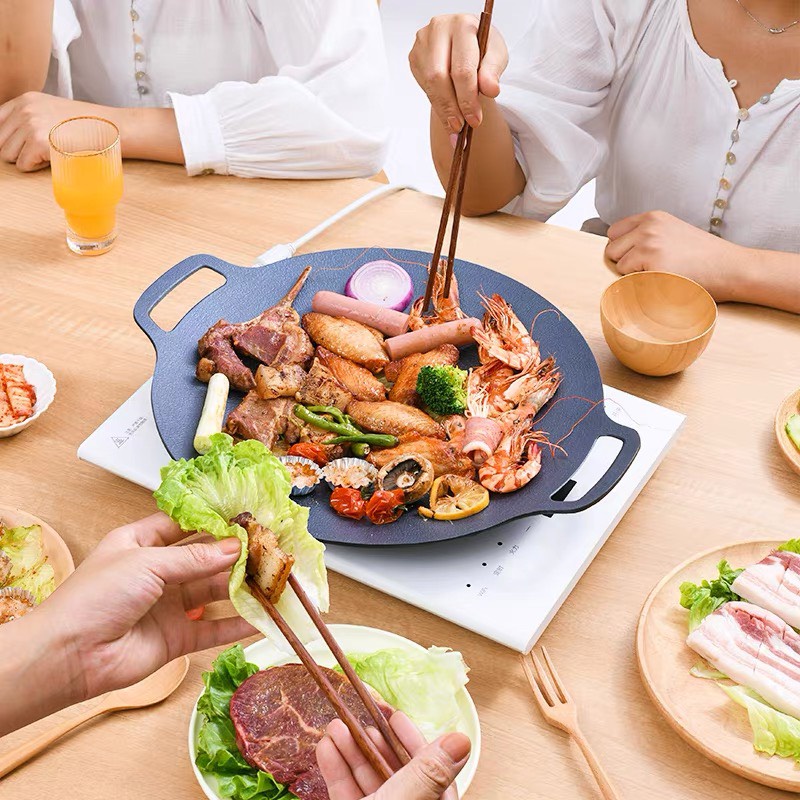 Chảo gang - Chảo đá nướng thịt BBQ - Tấm nướng gang đúc nguyên khối cao cấp