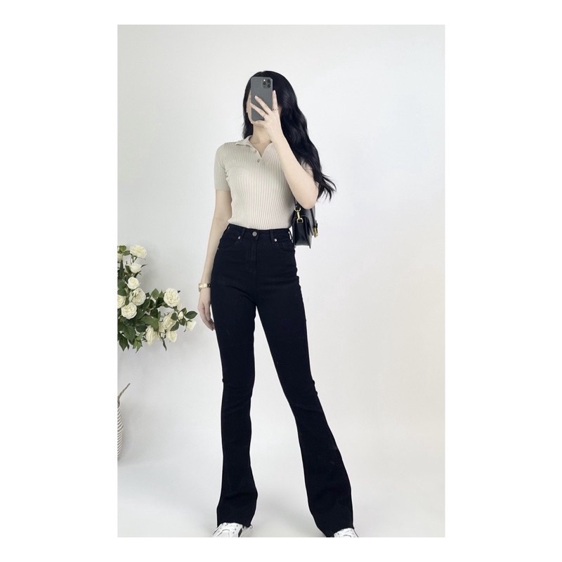 Quần jeans đen loe dài 105cm-100cm co giãn