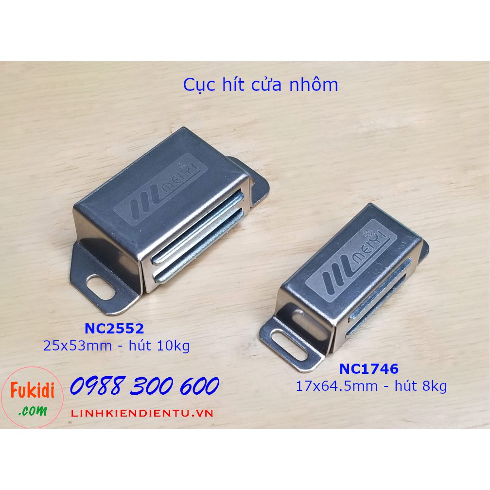 Cục hít cửa nhôm, nam châm hít cửa tủ NC2553, lực hút 10kg, vỏ inox kích thước 25x53mm